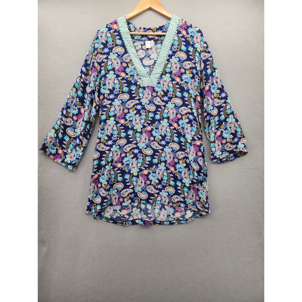 Liz Claiborne Paisley‎ Tunic Top XL Blue Boho Crochet V-Neck 3/4 Sleeve Rayon XL